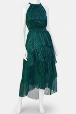 1.STATE Women's Green Crinkle Metallic Layered Halter Maxi Dress Sz XL