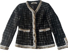 LRENE STUDIO Women'sBlack White Tweed Jacket with Gold Trim Elegant Blazer Small