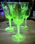 3 Uranium Green Depression Wine Glasses With Etched Grape Leaf Band - Small Chip