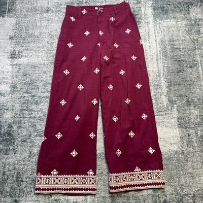 Womens Wide Leg Resort Boho Pants Small Berry Embroider Geometric Elastic Waist