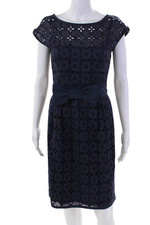 Nanette Lepore Womens Eyelet Bow Belt Sleeveless Dress Navy Blue Cotton Size 4