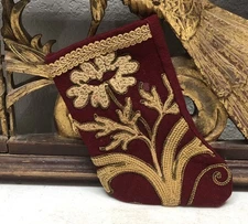 Handmade MINI STOCKING From Antique Textiles byB-VIZ Burgundy w/Floral L83