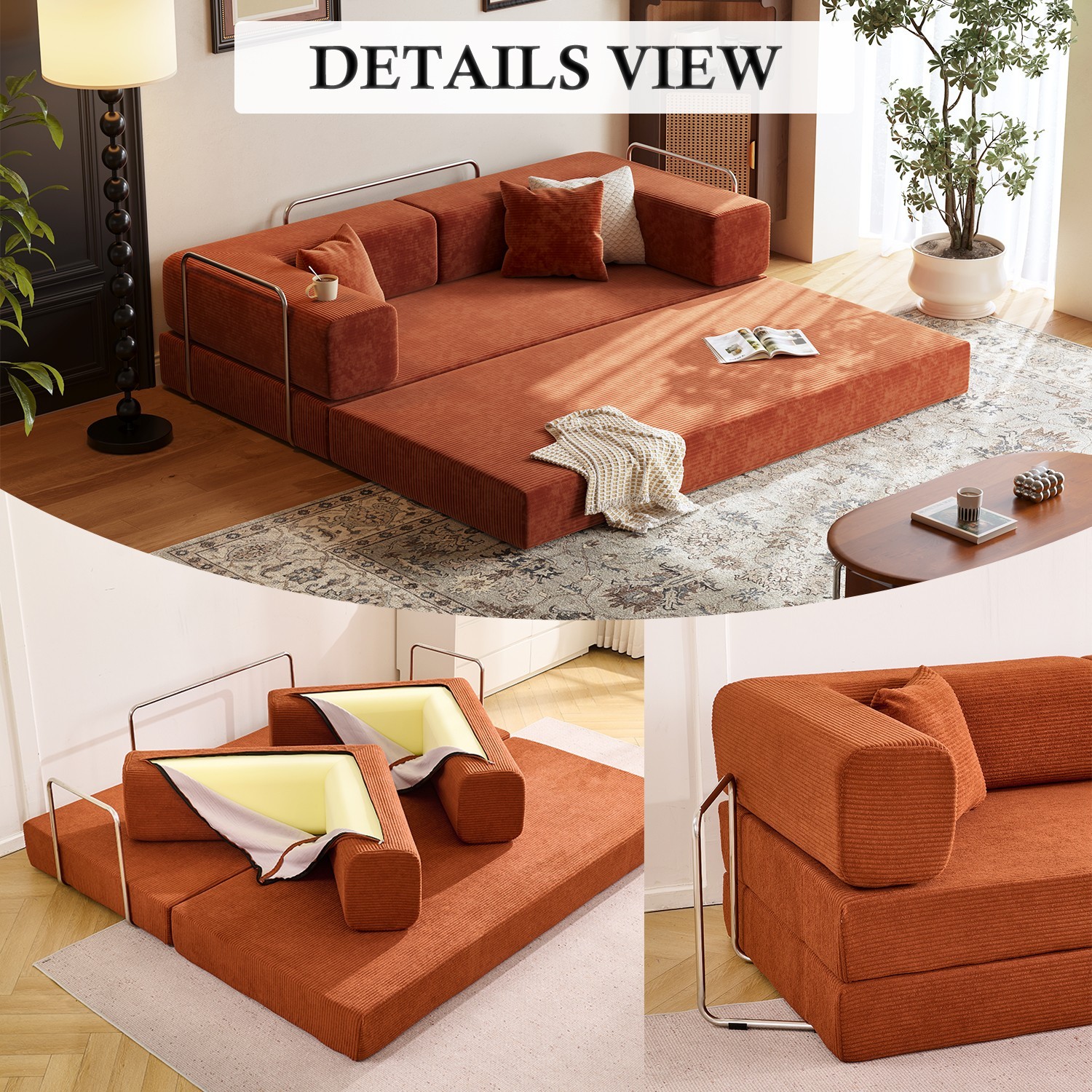 80.3" Convertible Sofa Bed 2 Throw Pillows Detachable Floor Sofa Orange Compact