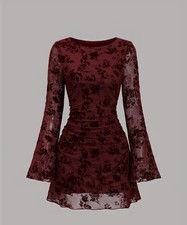 Women's Burgundy Mesh Flocked velvet dress flared long sleeve Size Medium