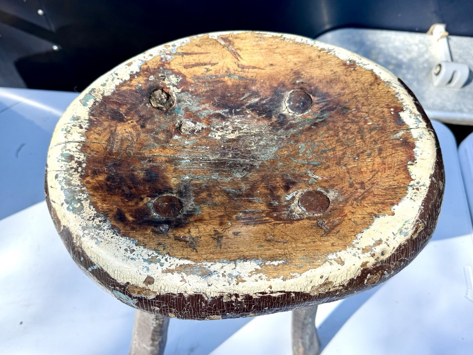 Antique Primitive 4 Legged Wood Milk Stool Rustic Farm Decor Old Paint Must See