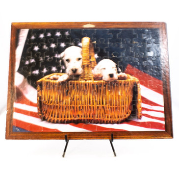  Puppy Love & Patriotism    1980s PATCH PRODUCTS Wall Puzzle   Framed Americana