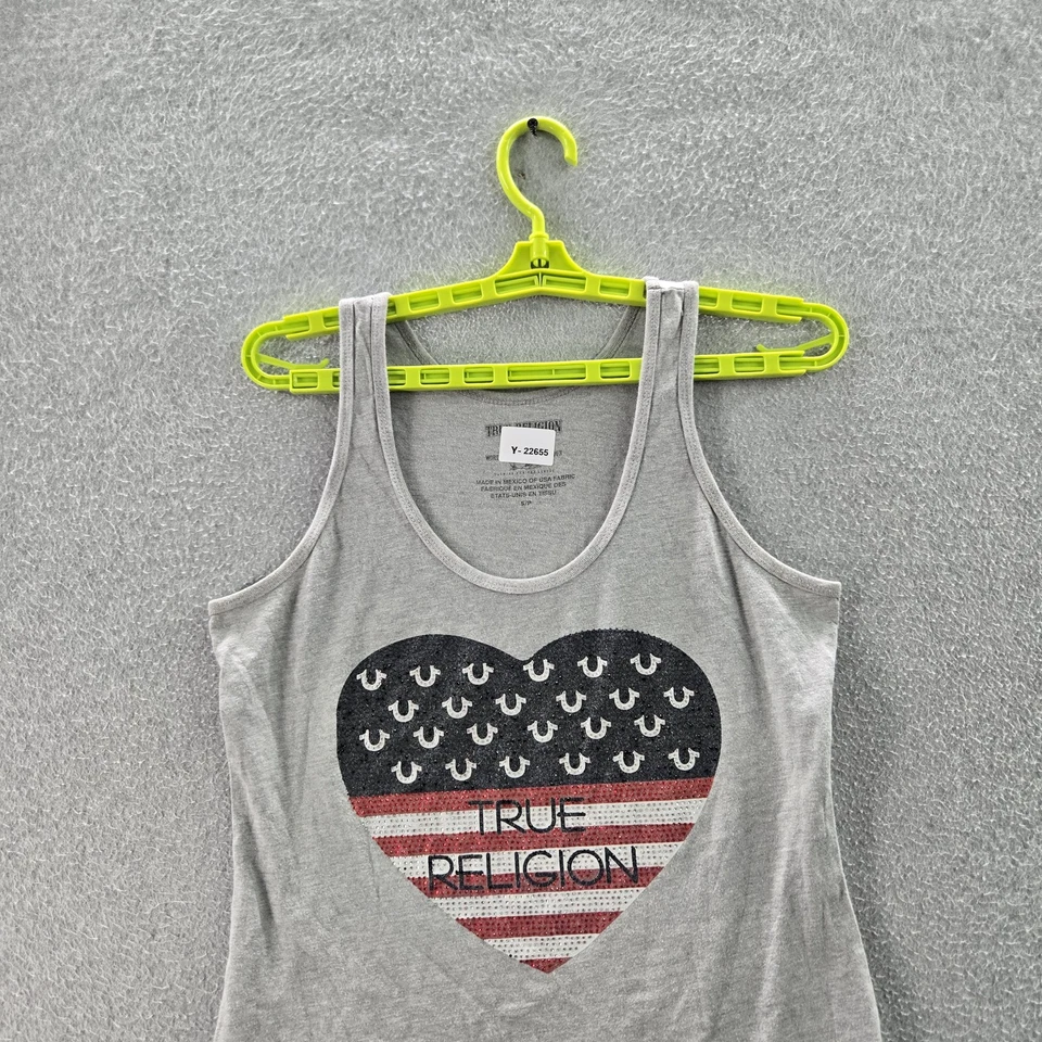 Camiseta sin mangas True Religion para mujer S gris estampado gráfico estrás cuello redondo pulóver Foto 4 de 4