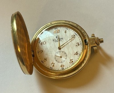 Vintage Elgin Pocket Watch 44mm Gold Tone Hunter Case Quartz W/Sub Dial A18 