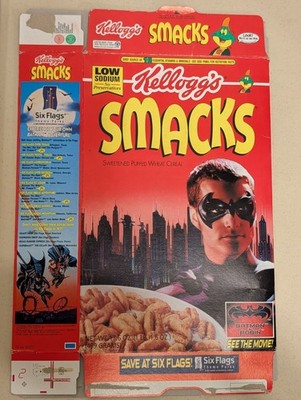 Kellogg's Smacks Batman & Robin ROBIN Six Flags Empty Cereal Box Flat - VINTAGE!