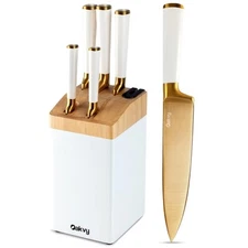 Gold Kitchen Knife Set with Block - 5 Piece Stainless Steel Knife Set, Gold K...