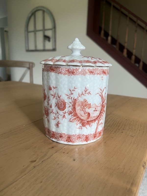 Antique Red Chinoiserie European English or French Porcelain Biscuit Tea Caddy