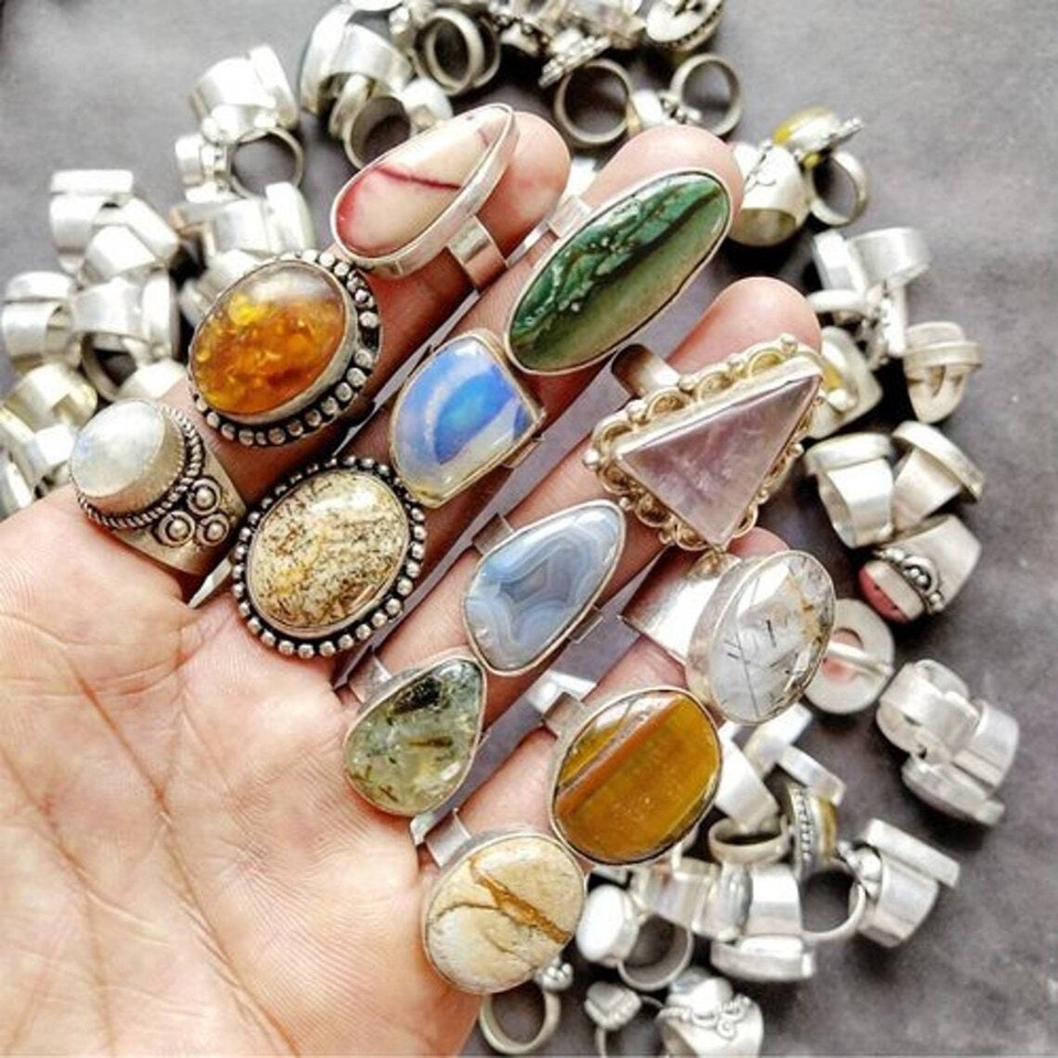 Hippie Rock Rings Assorted Gemstones 925 Sterling Silver Chunky Hippie Rings Lot Handmade ...