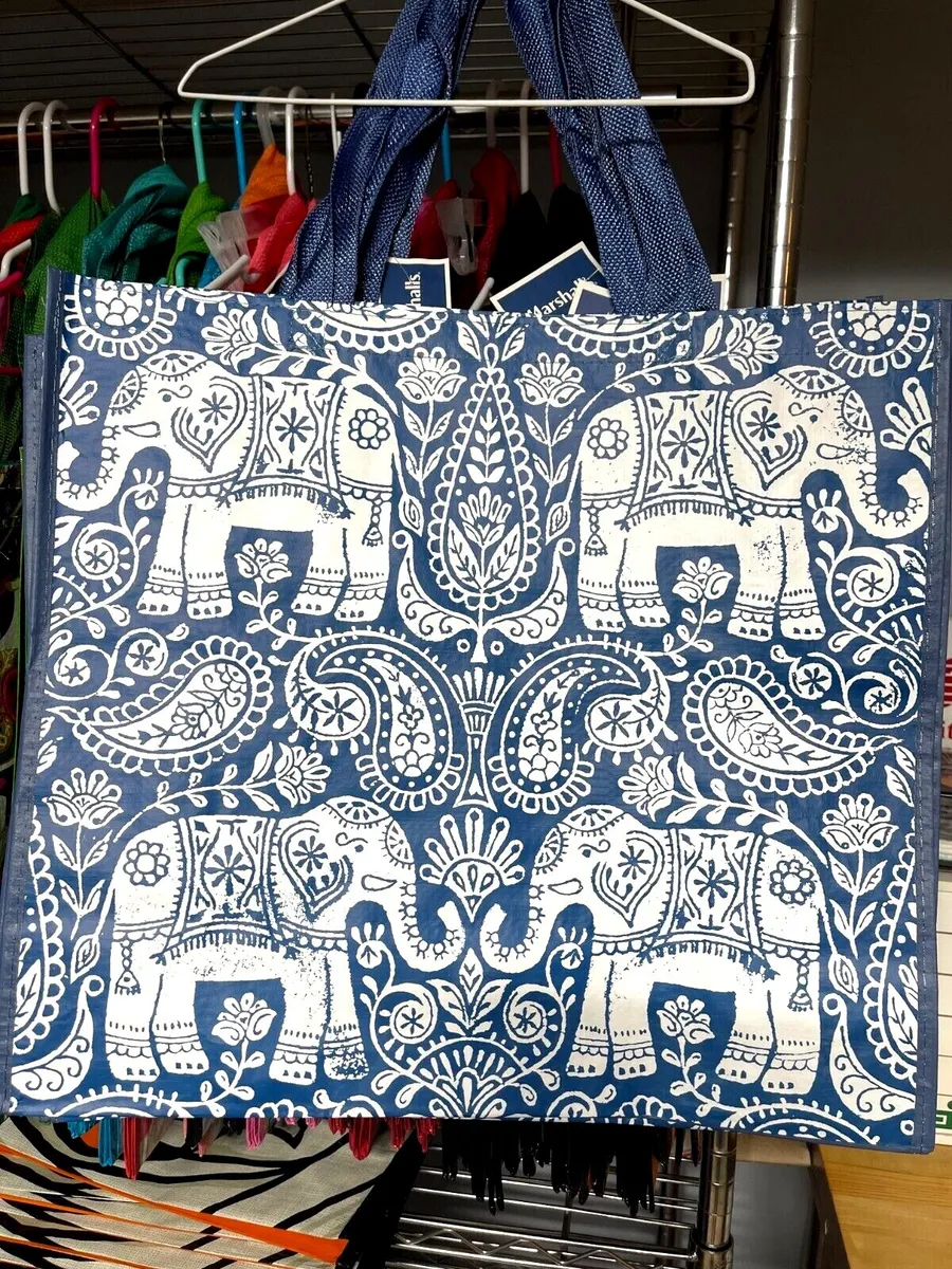 NEW Marshalls Shopping Bag Blue & White ELEPHANTS Reusable Tote Bag