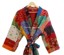 Silk patchwork handmade kantha jacket japanese kimono style kantha robe winter