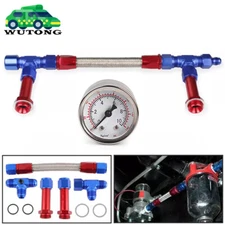 AN8 Braided Dual Feed Carb Fuel Line + Pressure Gauge For Holley Carburetor 4150