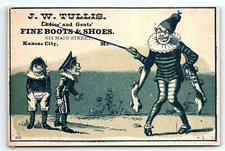 c1880 KANSAS CITY MO J.W. TULLIS FINE BOOTS & SHOES UGLY CLOWN TRADE CARD P1925