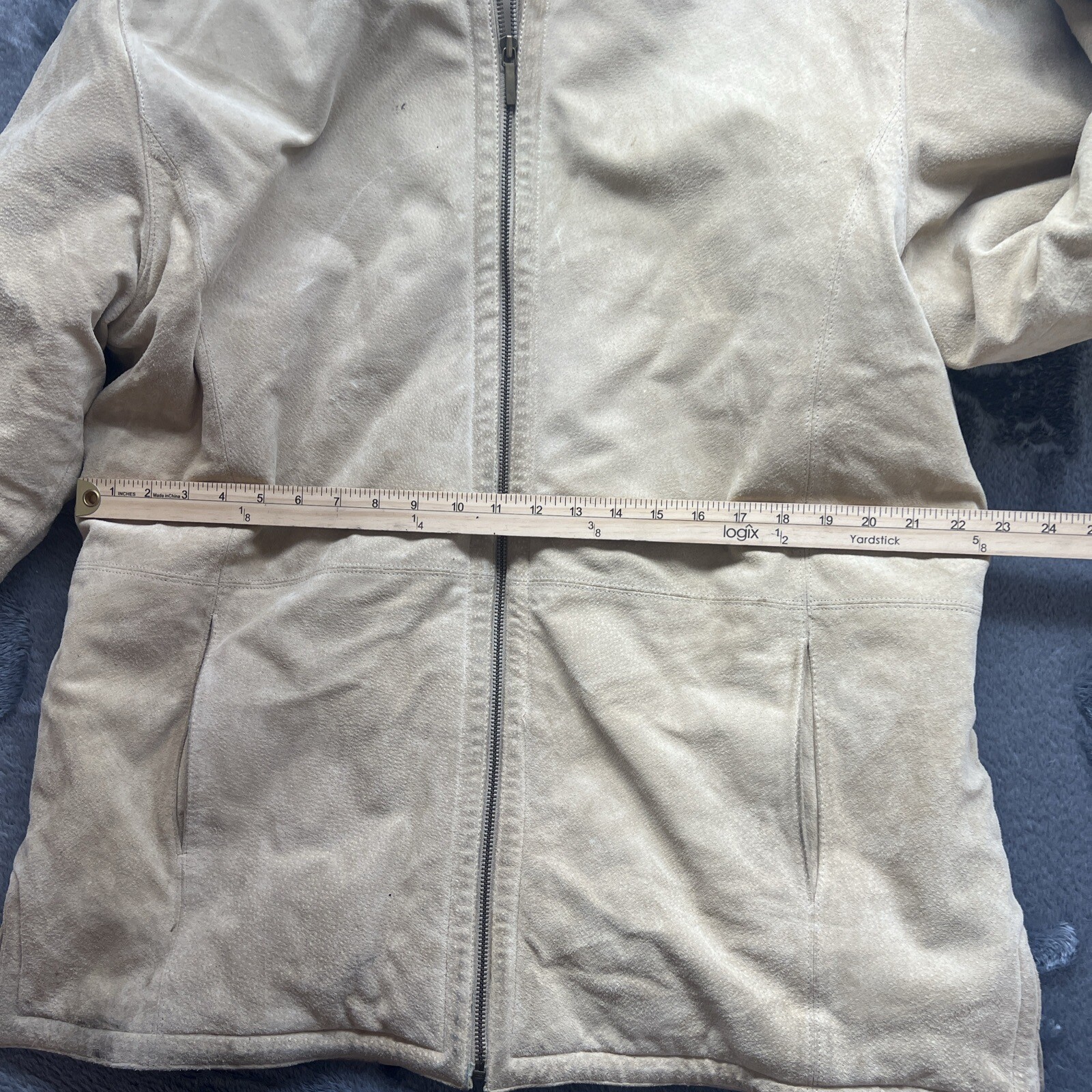 St Johns Bay Suede Leather Jacket Womens XLarge Beige Faux Fur Lining