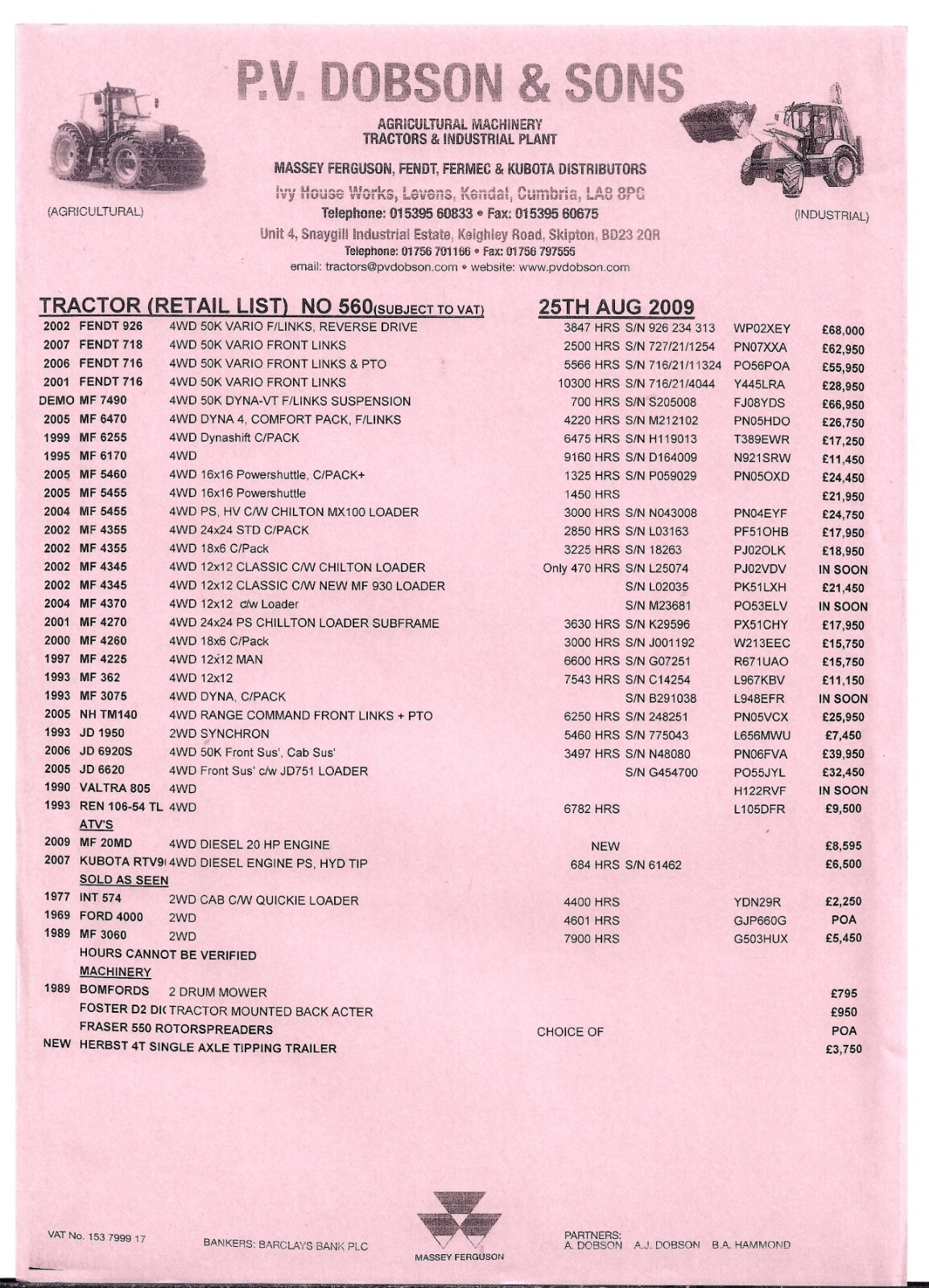 P.V. Dobson & Sons Used Tractor Stock List 2009 UK Market Single Sheet