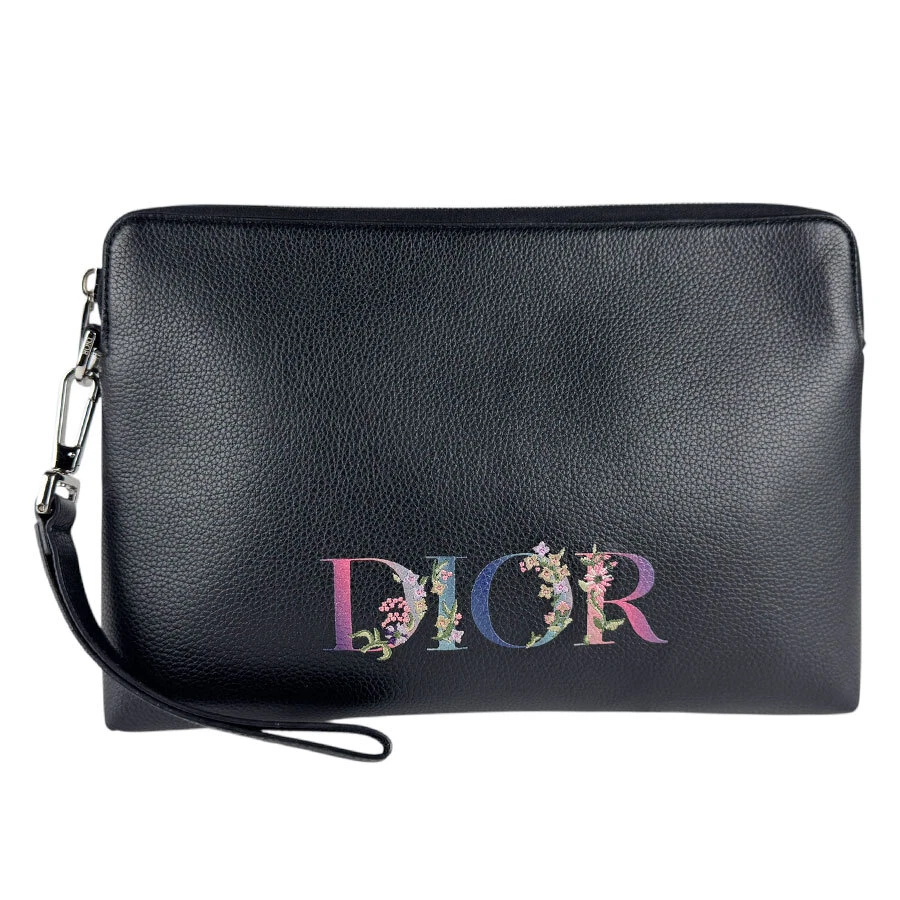 Authentique sac pochette Christian Dior noir/cuir multicolore/argenté   z4657