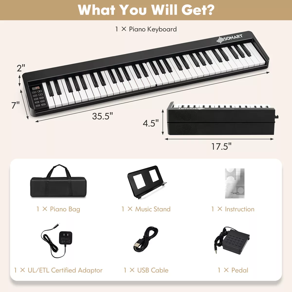  FVEREY Foldable Piano Keyboard, 61 Keys Semi Weighted