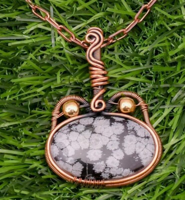 Snowflake Obsidian Cat Shape Copper Wire Wrapped Handmade