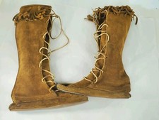 Leather Moccasins Tall Fringe Cerimonial Handmad Vintage 70s Womens Size 6 Brown