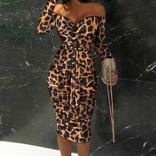 leopard fitted dress Leopard Print Fitted Pencil Dress Medium / Grey/Black