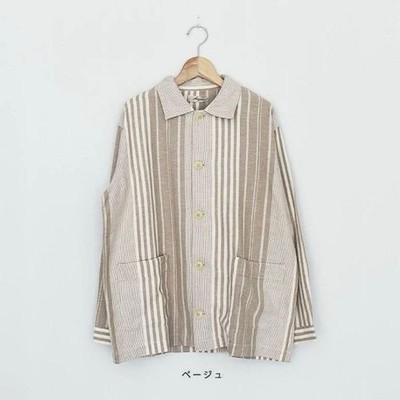 ICHI Antiquites Cotton Linen Shirt Jacket Collared Striped Beige Made in Japan