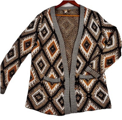 Roxy Open Front Cardigan Sweater Gray Orange Aztec Diamond Knit Women s S