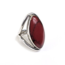 Vintage Mexico ATI Sterling Silver Marquise Cabochon RED JASPER Ring Size 7-7.25