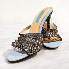 Betsey Johnson Blue Rhinestone Strappy Open Toe Slip-On Mule Heels 8