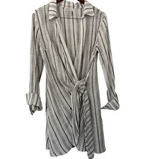 L*Space Women Striped Wrap Shirt Dress White Black Long Sleeve Tie Front Sz M/L