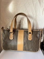 Authentic Vintage Fendi Pequin Stripe Boston Satchel Bag Brown Tan Made In Italy
