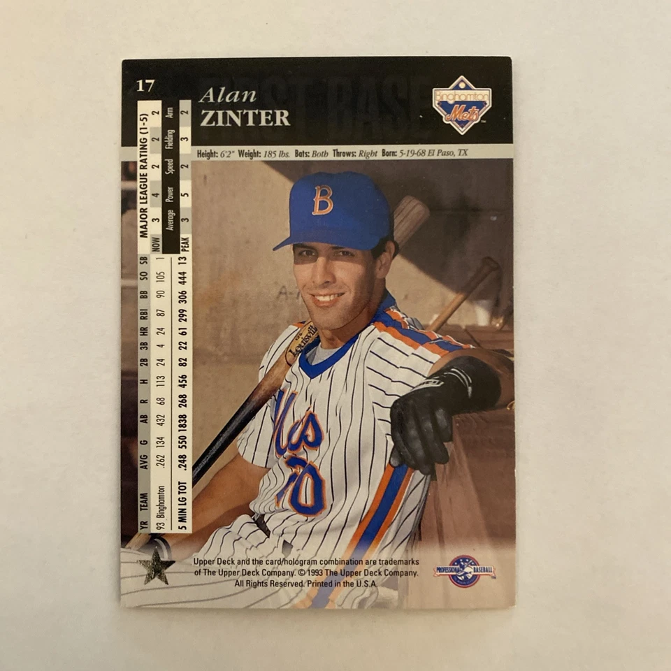 1994 Upper Deck Minor League Baseball - Alan Zinter #17 - Image 2 of 2