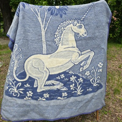 Vintage Biederlack Throw Unicorn Reversible Blue Acryl Velours Fuzzy Blanket USA