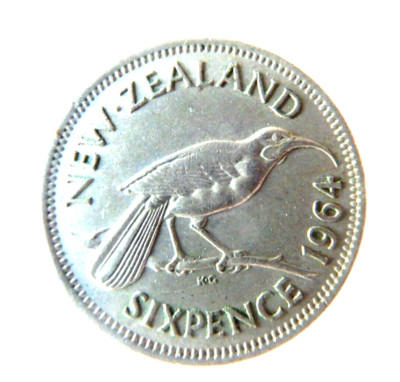 1964 New Zealand Sixpence Coin, Uncirculated, KM26.1, Huia