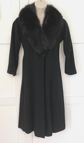 VINTAGE 60s SAKS FIFTH AVE REGENCY BLACK CASHMERE FOX FUR COLLAR COAT 16/18 (?)