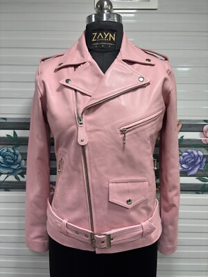 Women's Light Pink Lambskin Leather Moto Biker Jacket Belted