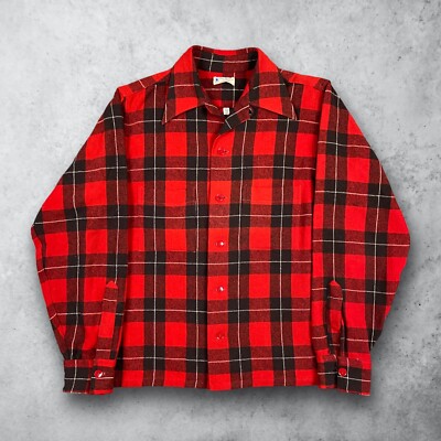 Vintage 1950s Van Heusen Buffalo Plaid Flannel Shirt Wool Loop Collar Sz Medium