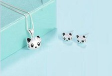 3D Panda Silver SP Black Pink Bow Jewelry Set: Necklace  Earring