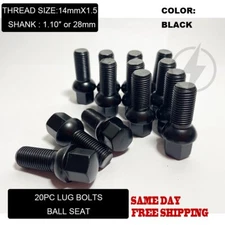 20PC BLACK 14X1.5 BALL SEAT LUG BOLT 28MM SHANK FIT VOLKSWAGEN STOCK WHEEL&MORE