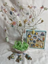 17" Vintage Happy Easter Tree With 3 Resin And 18 Hand Painted Wooden Ornaments