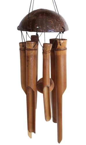 28 inches - Dark Stain with Coconut Top Bamboo Wind Chimes FREE SHIP - Afbeelding 1 van 5