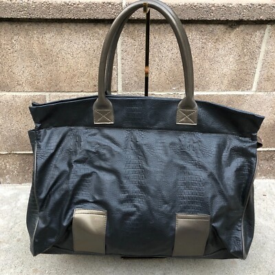 ULTIMA 2 Croc Embossed Purse Vegan Leather Shoulder Hand Bag Black Zipper Large