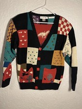 Vintage Lisa Nichols cardigan sweater 1988 Patchwork 1980s Trees Animals