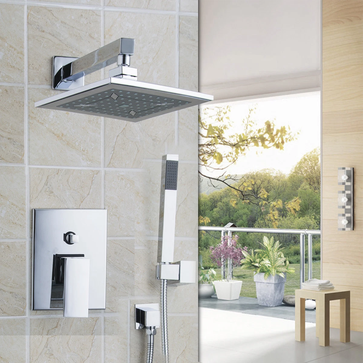 Chrome Mixer Valve Square Rainfall Shower Head with Handheld Shower Faucet Set