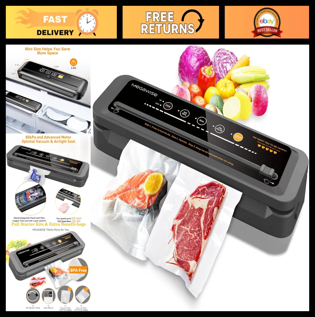Compact Vacuum Sealer Machine | 80kPa Suction Power | Bags & Cutter Included | O