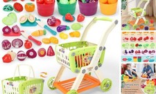Kids Shopping Cart with Cutting Play Food Set for Kid Kitchen, 2 in 1 Green