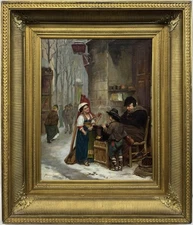 Exceptional 1870 Henry Bacon “Chestnut Vendor” Paris Winter Street Oil SIGNED