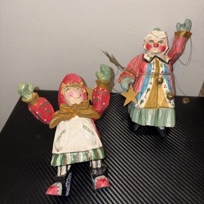 Vtg 1991 House of Hatten Christmas Ornaments Set of 2 Denise Calla Folk Art Elf